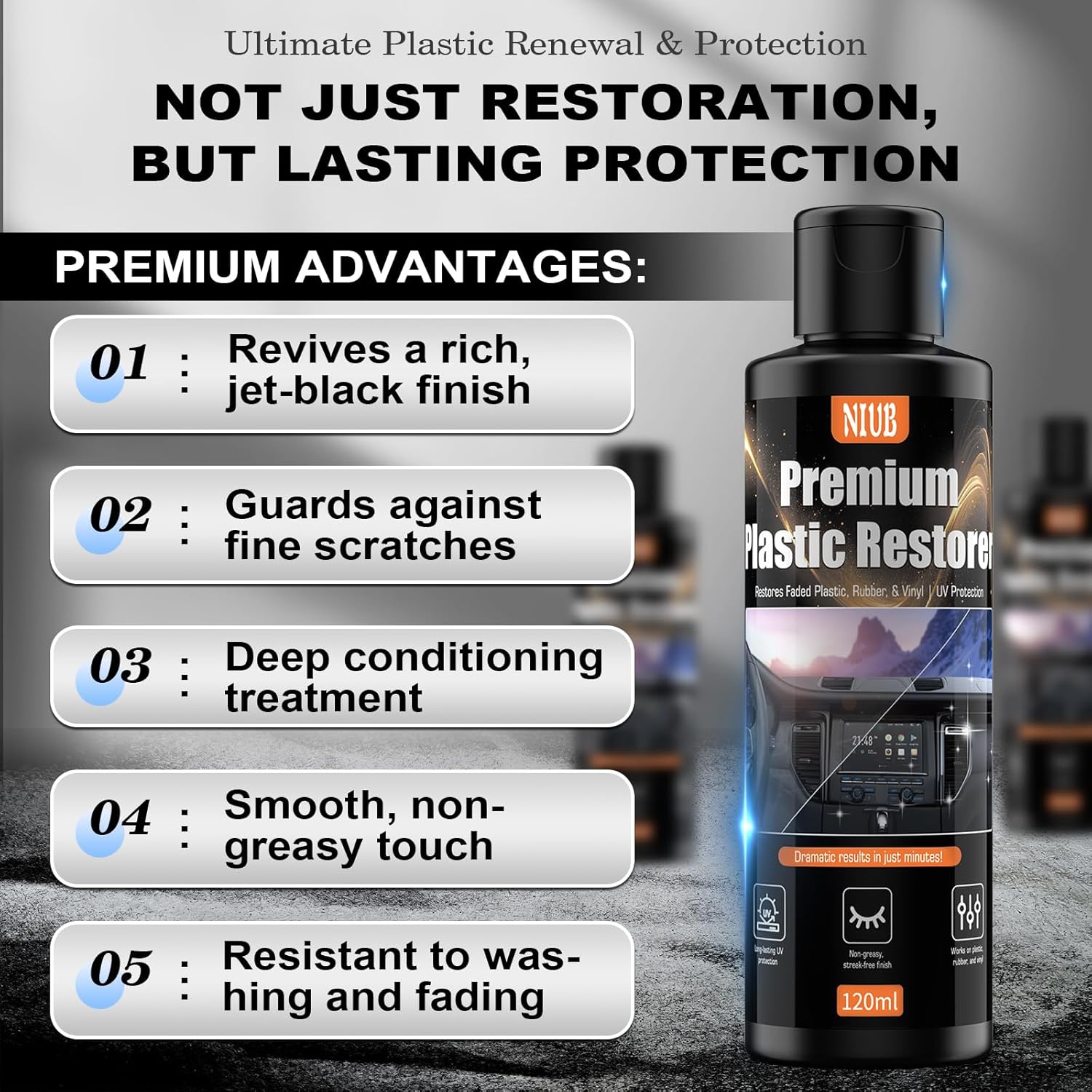 120ml Indoor Safe Trim Restorer, Plastic Restorer for Cars, Car Plastic Restorer, Black Plastic Restorer, Fast-Drying, Waterproof, Long-Lasting Shine & Protection,Indoor Plastic Surfaces Use Only - Image 2