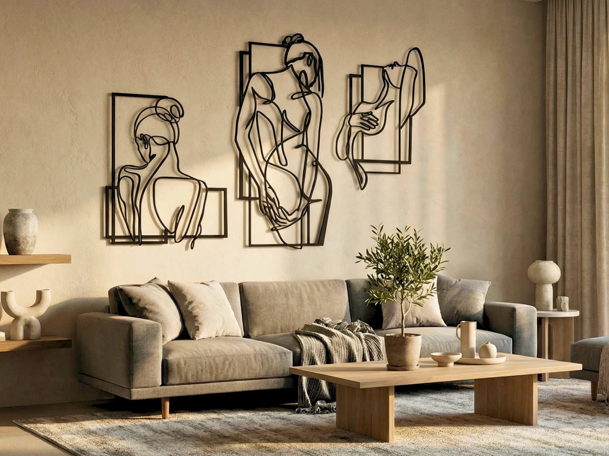 Décoration murale en bois de salon style Line Art 14 noir design visages - 7