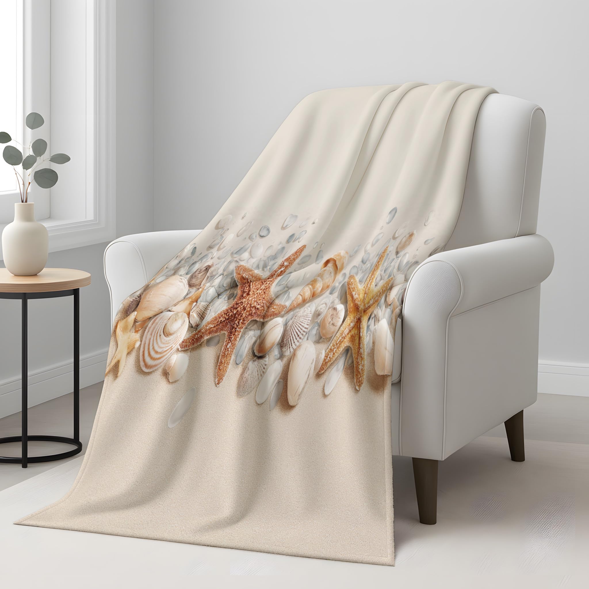 Genérico Koc z nadrukiem w stylu nadmorskim, 220 x 270 cm, khaki koce z mikrofibry łatwe w pielęgnacji miękkie na sofę i łóżko, ciepły lekki przytulny ciepły koc dekoracyjny muszle rozgwiazdy