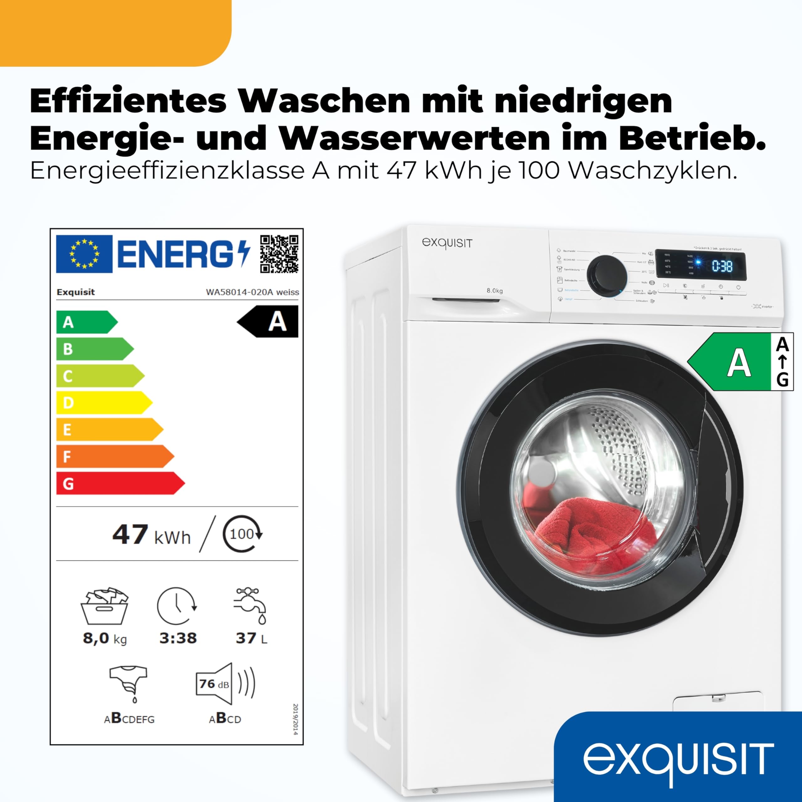 Exquisit Waschmaschine 8 kg, Energieklasse A, 1400 U/Min, 13 Programme | Frontlader mit Startzeitvorwahl, Kindersicherung, Invertermotor – ideal für Familien ab 4 Personen