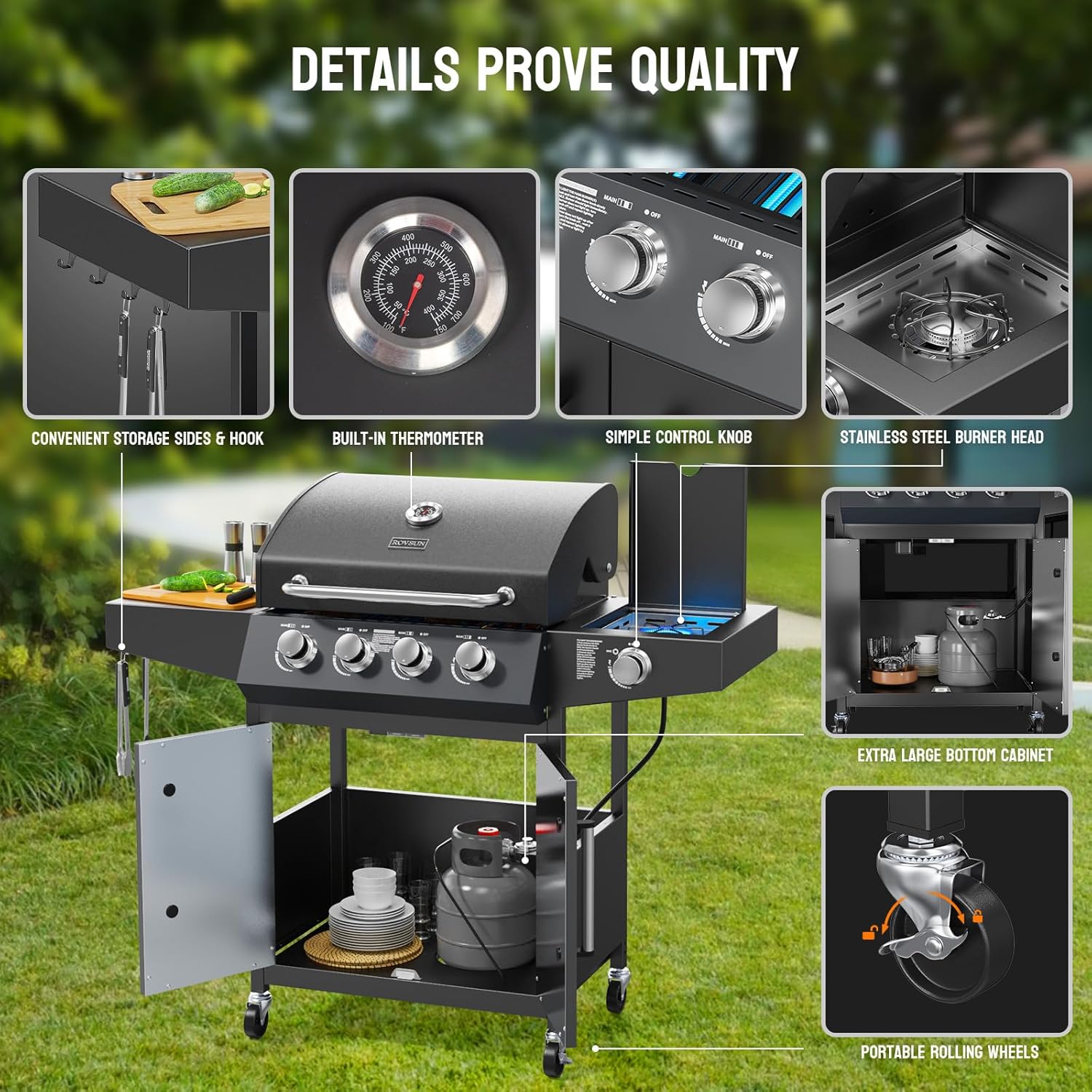 Stainless Steel 4-Burner Propane Gas Grill with Side Burner