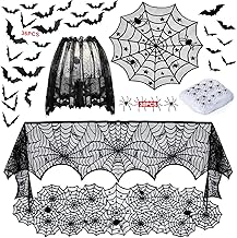 Halloween Tablecloth, Halloween Table Decor, Spider Web, Rectangular, Round Tablecloth with 36 Pieces 3D Wall Stickers, Bat, Halloween Decor for Living Room, Dining Room,