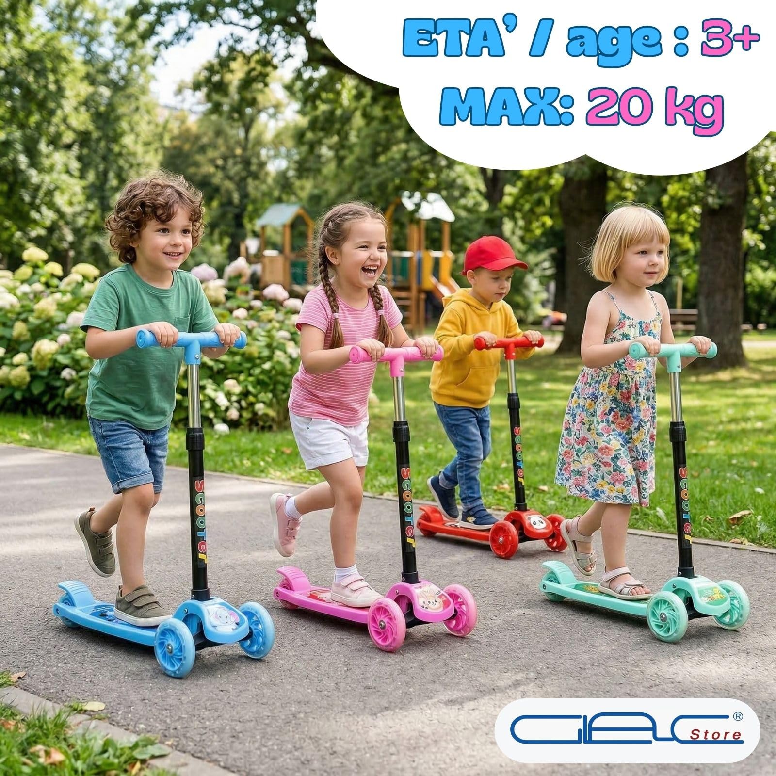 Monopattino per Bambini, 3 Ruote con Luci LED, Manubrio Regolabile in 4 Altezze, Freno a Pedale, Uso Esterno, dai 3 Anni in su