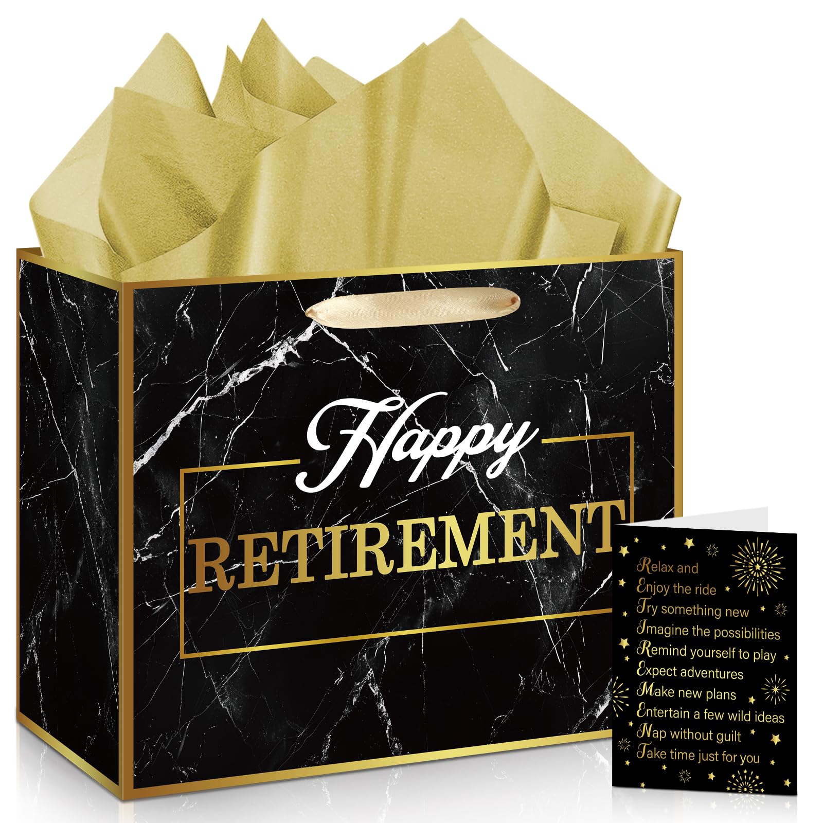 Büro Geschenktüte Geschenktüte Ruhestand Schwarz/Gold - Mit Karte \u0026  Seidenpapier Für Abschiedsgeschenke Schwarz Gold Geschenktüte, image size:1600x1600