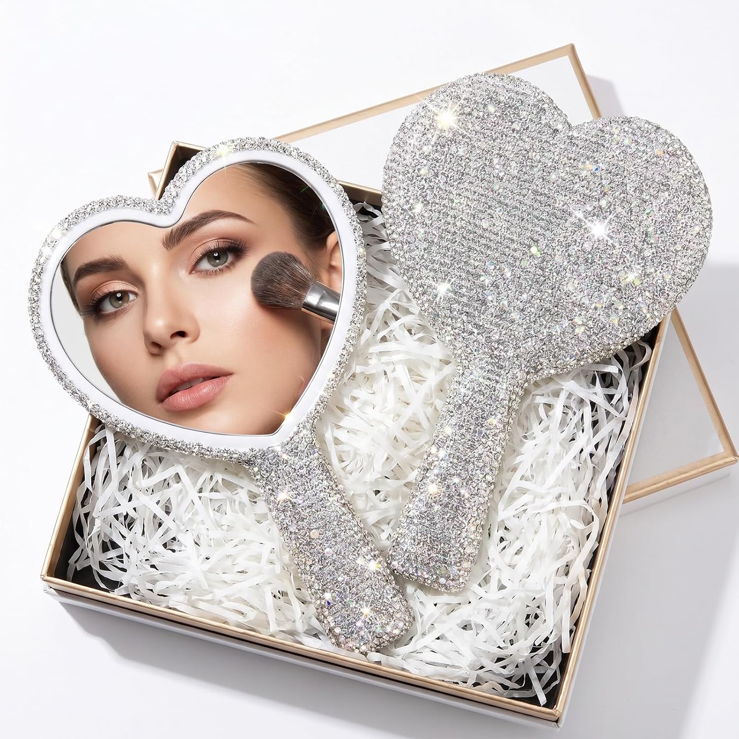 Rhinestone Handheld Mirror, Heart Bling Glitter Cosmetic Dazzling Portable Hand Mirror with Handle Travel Makeup Lash for Women Wedding Silver White Lash Mirrors Hand Held Mirrors