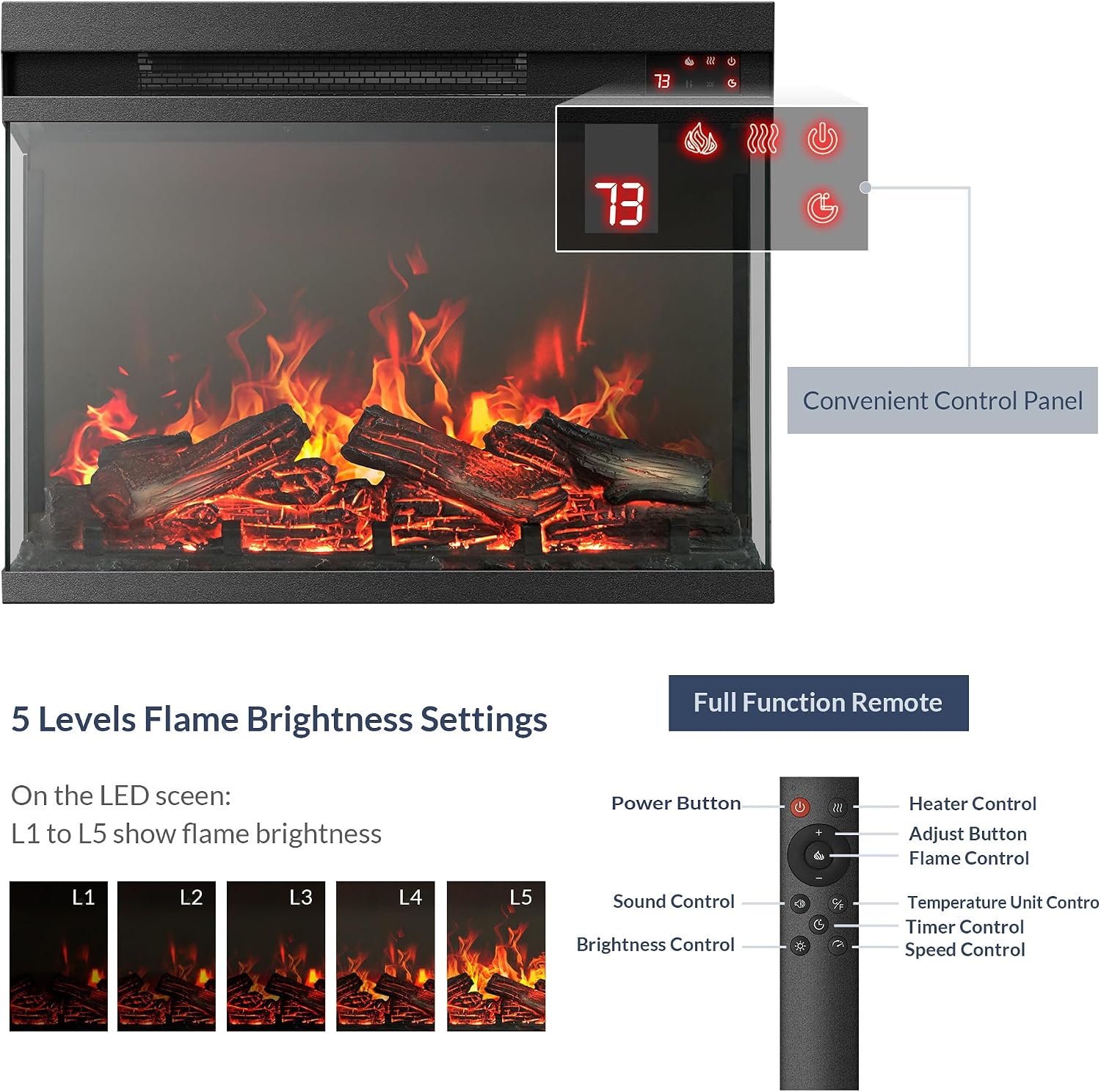 BELLEZE 23" Electric Fireplace with Realistic Crackling Sound, 3-Side Glass Display Fireplace Heater, Adjustable Timer & LED Flame Lights, Freestanding Indoor Fireplace for Bedroom, Living Room