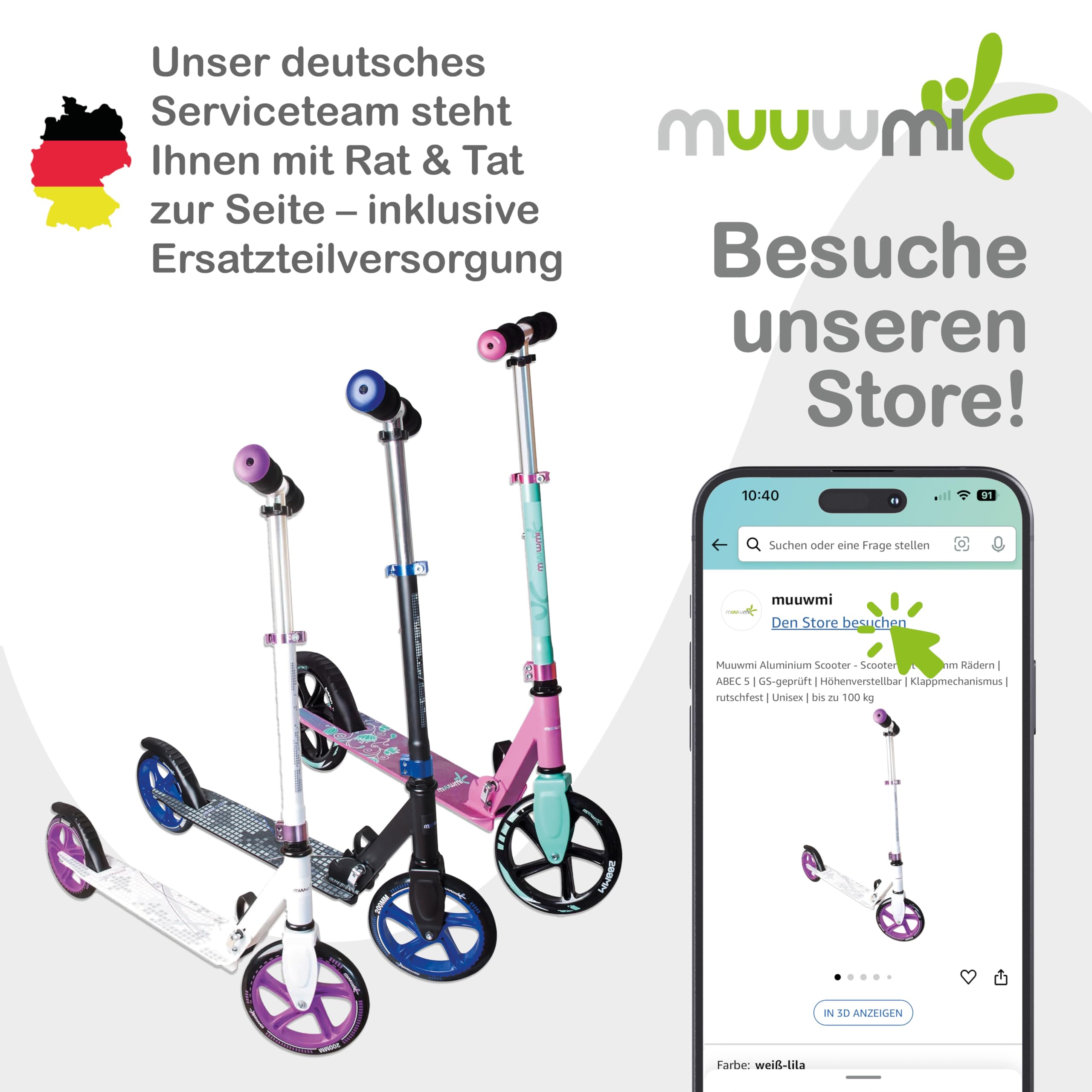 muuwmi Aluminium Scooter Deluxe – Tretroller, 205 mm, ABEC 7, für Kinder und Erwachsene, GS geprüft, höhenverstellbar