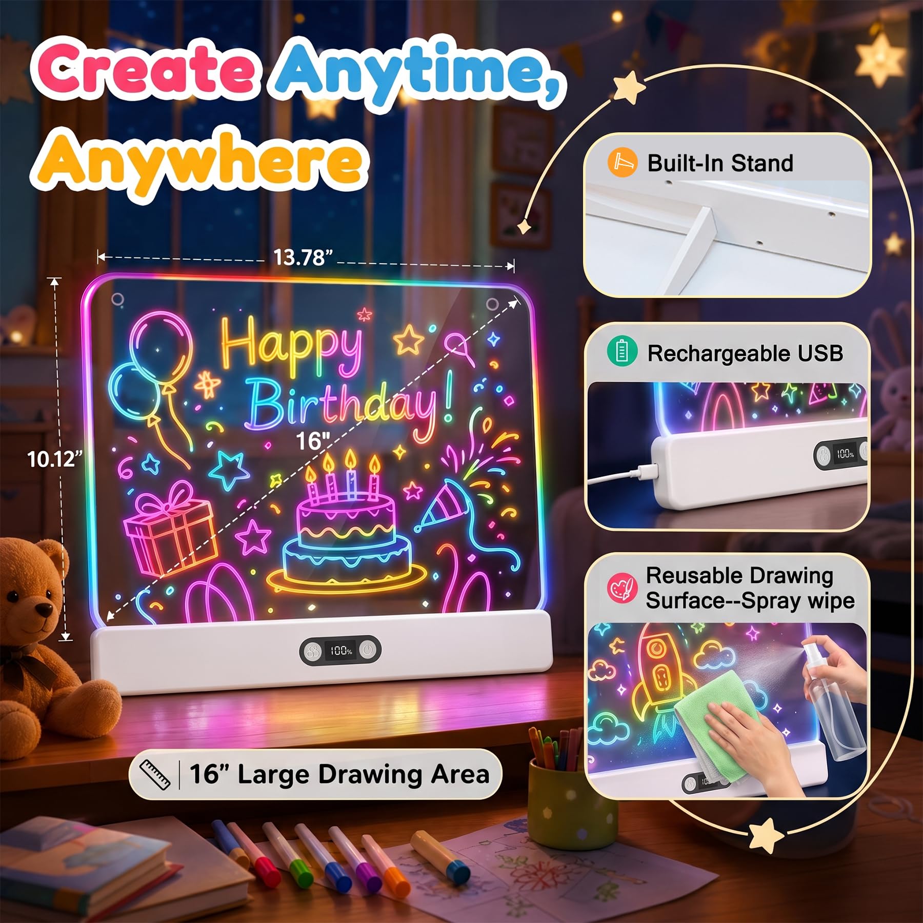 seenlast Lavagna LED luminosa portatile per bambini, tavoletta da disegno con 8 colori e 3 modalità di illuminazione, giocattolo creativo per ragazze e ragazzi di 4-8 anni, regalo originale