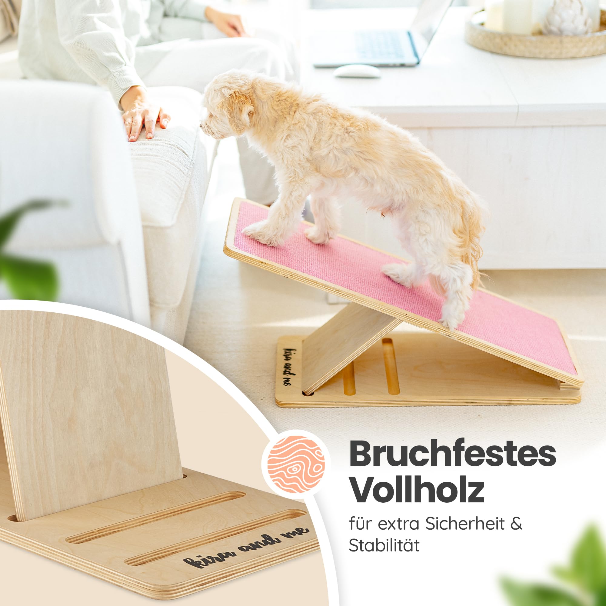 Ruby - Rampa per cani in legno massiccio, regolabile in altezza, pieghevole e antiscivolo, rampa in legno per cani di piccola taglia, 30-50 cm (rosa, M)