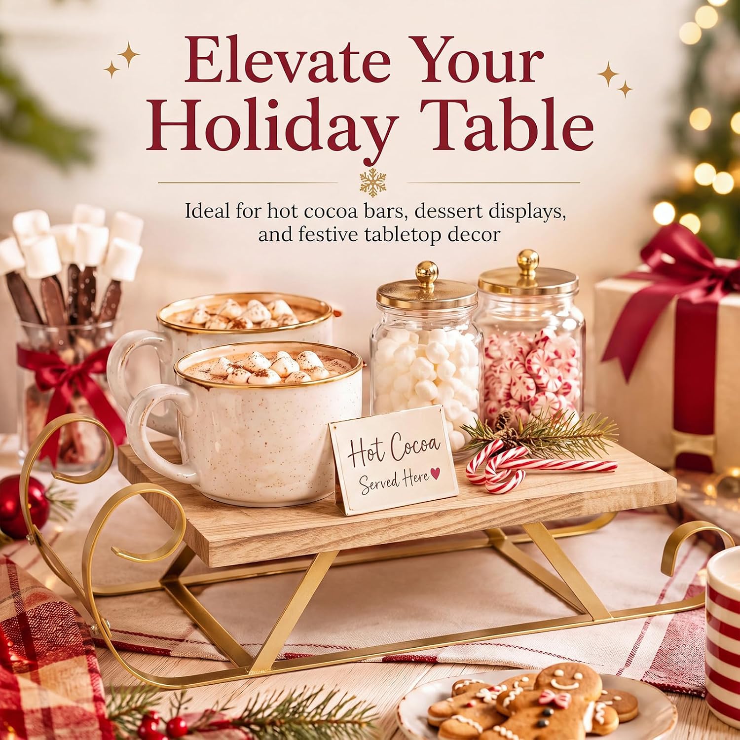 Christmas Sleigh Hot Chocolate Bar Decor Christmas Hot Cocoa Wood Tray Holder Box Decorative Farmhouse Coffee Station Organizer for Xmas Home Kitchen(Classic,Gold,15.8 x 7.9 x 4.7 in)