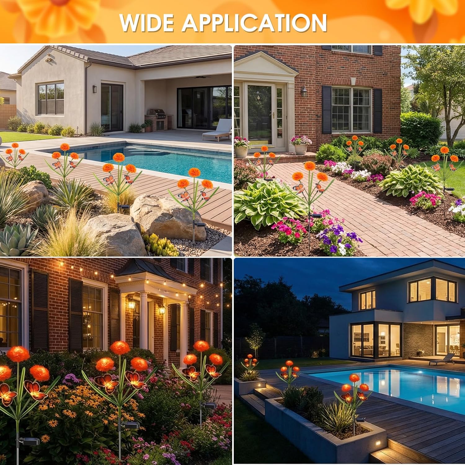 Solar Flowers Outdoor Waterproof, Unique Solar Powered LED Marigold Stake Lights with Monarch Butterflies for Flower Pot, Yard, Lawn, Garden, Outside, Cemetery, Day of The Dead Grave Decor(3 Pack)