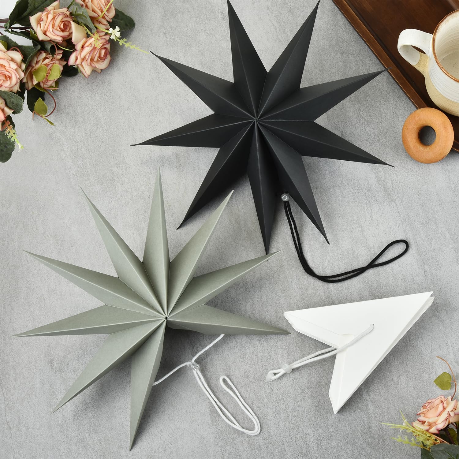 5 Stück Skandinavische Papiersterne Zum Aufhängen – Schwarz, Weiß, Grau In 30 & 45 Cm