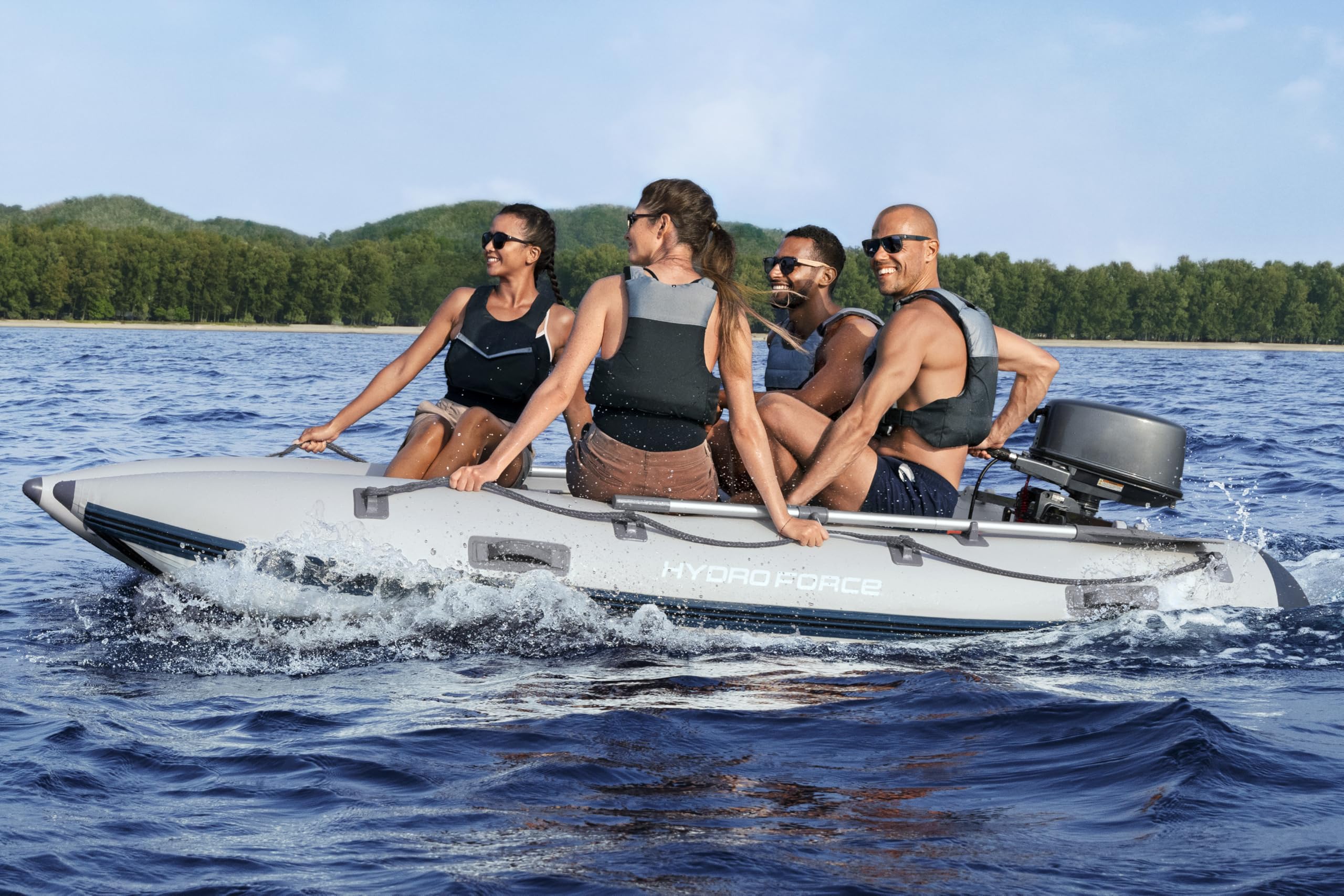 Bestway Hydro Force Sportboot Komplett-Set Beacon Elite, 335 x 160 x 47 cm, 5 Personen, bis 640 kg, TriTech-Material, Aluminium-Sitzbank, 15-PS-Motorhalterung, GS-Zertifiziert, Ruder, Pumpe, Tasche