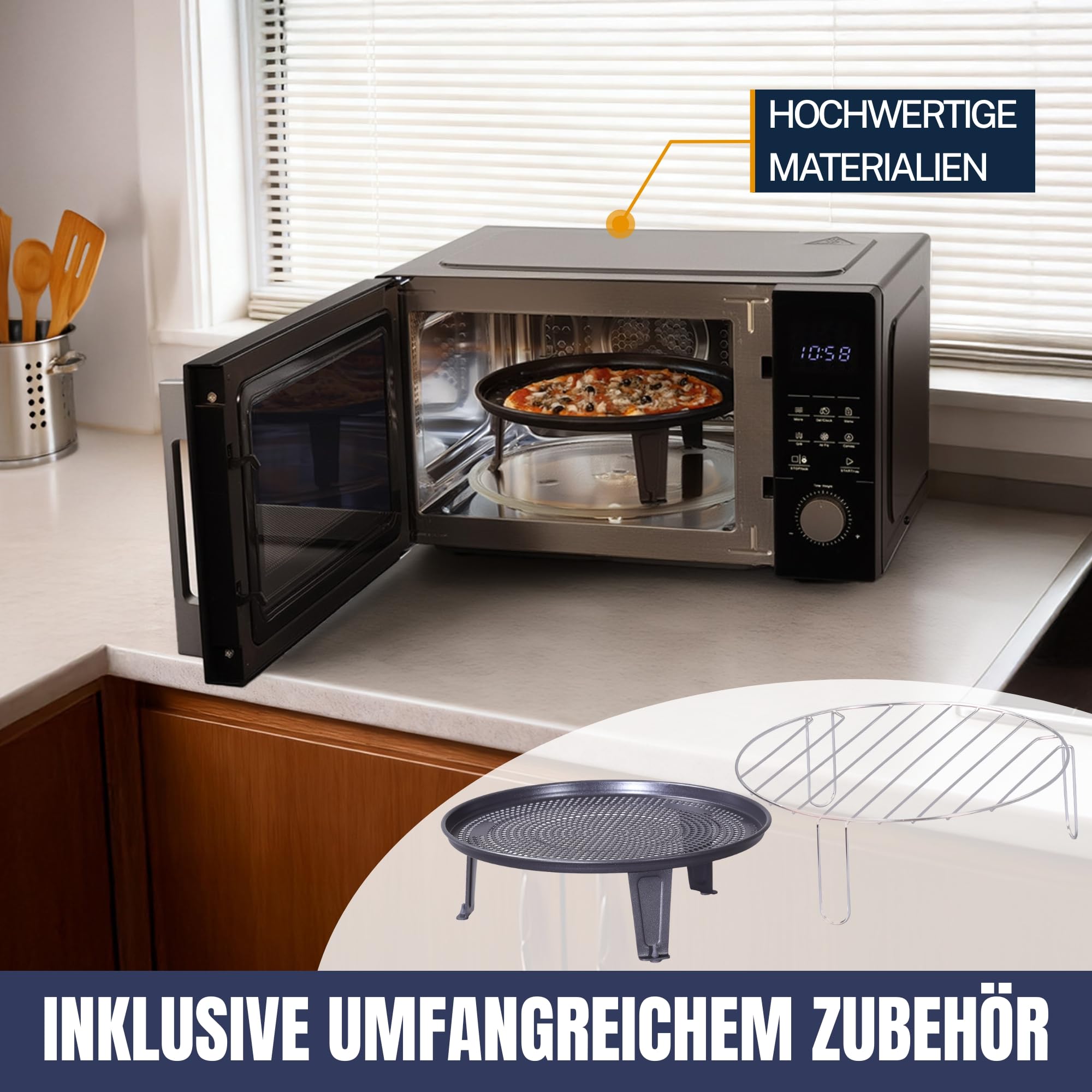 Sommertal 4in1 Mikrowelle 25L – Grill, Heißluft-Fritteuse, Konvektion, 2200W, 8 Programme, Touch-Display, 60 Min Timer, Schwarz, Kindersicherung, Express-Start – inkl. Rost & Crisp-Pfanne