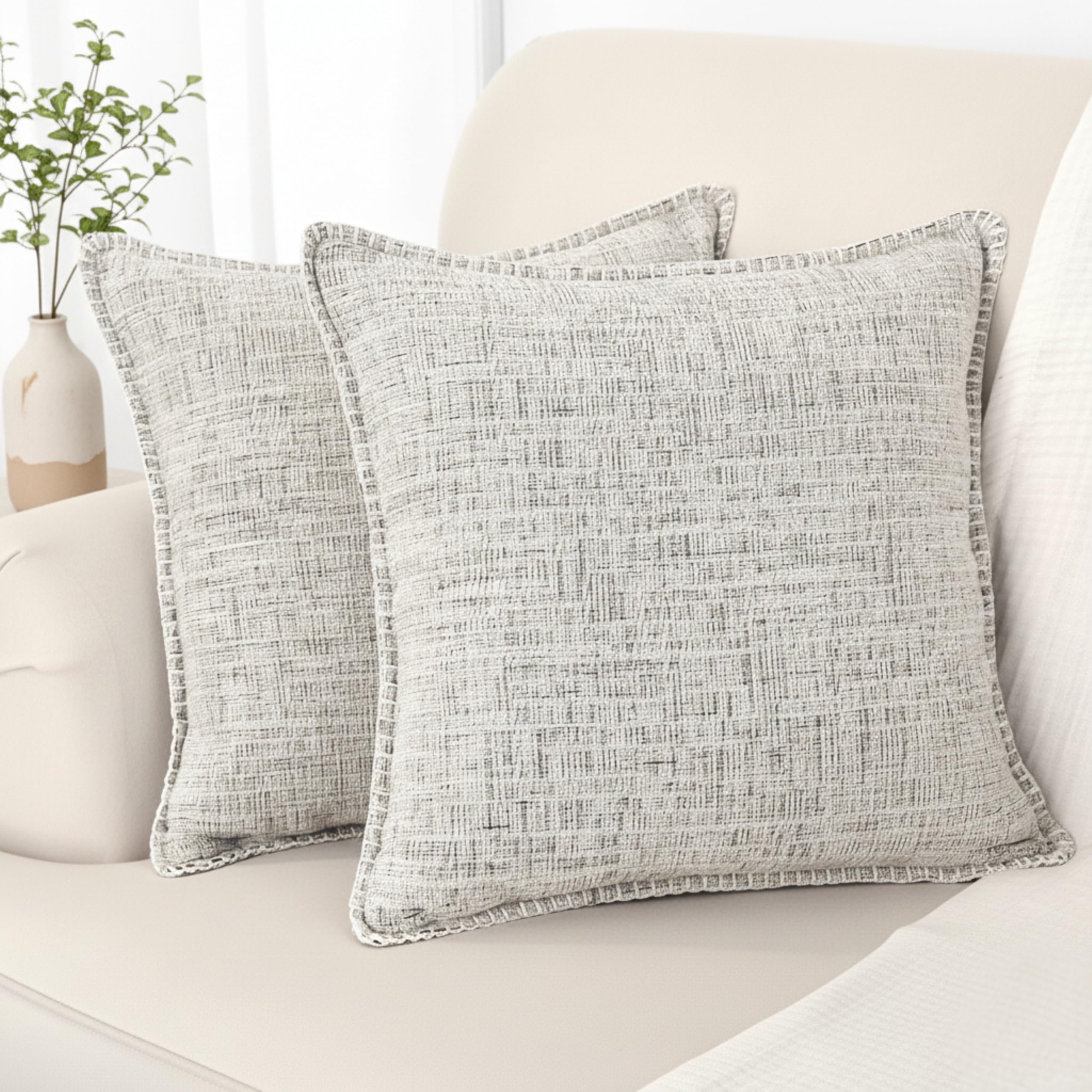 20x20 Stitched Edge Textured Chenille Throw Pillow Covers Cream White & Black Texture Set of 2 Soft Cushion Covers Modern Farmhouse Decorative Square