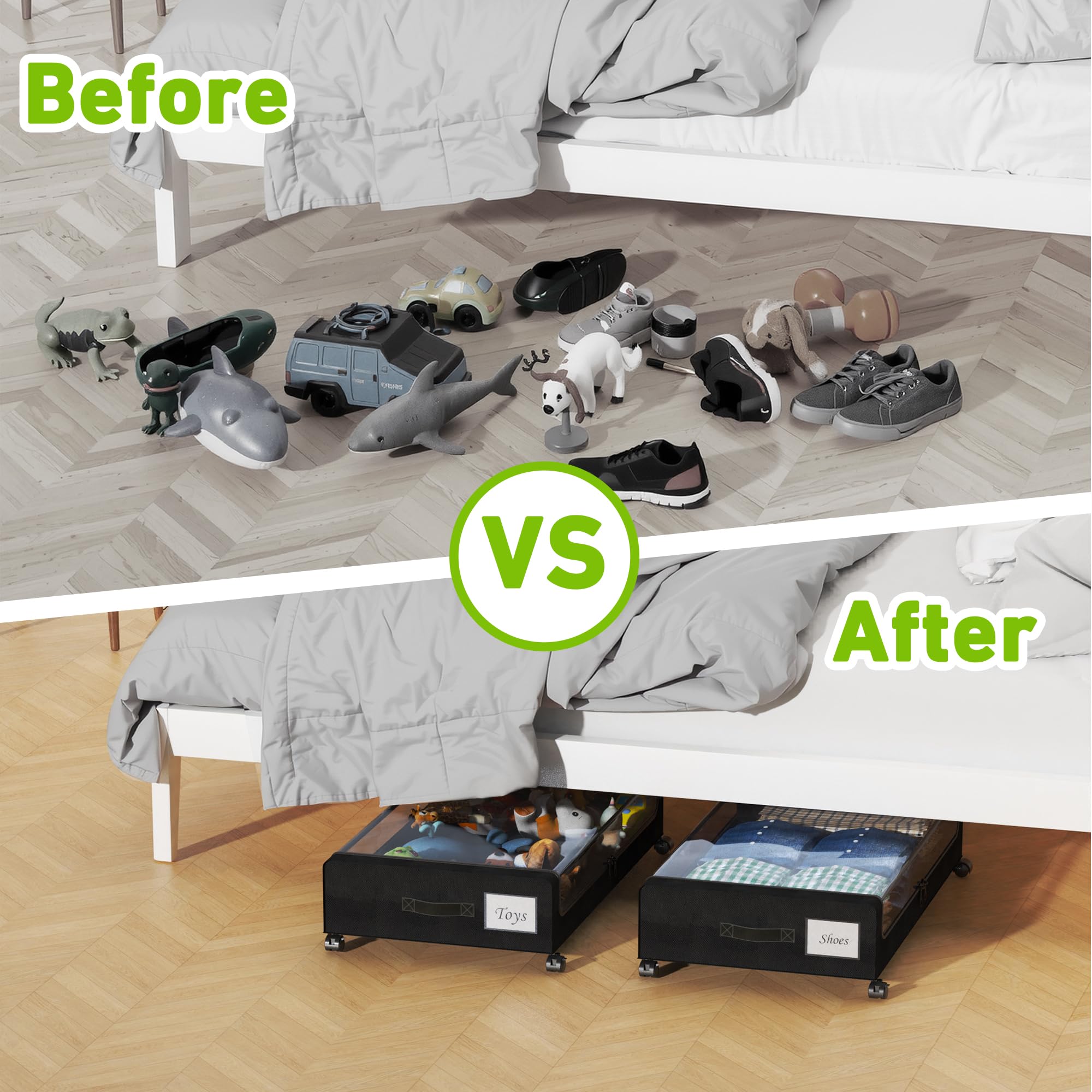 Unterbettkommode mit Rollen, 2 Stück, Unterbett-Aufbewahrungsbehälter mit transparenten Deckeln und Reißverschlüssen, Schuhaufbewahrung unter dem Bett, Rollunterbett-Aufbewahrung für