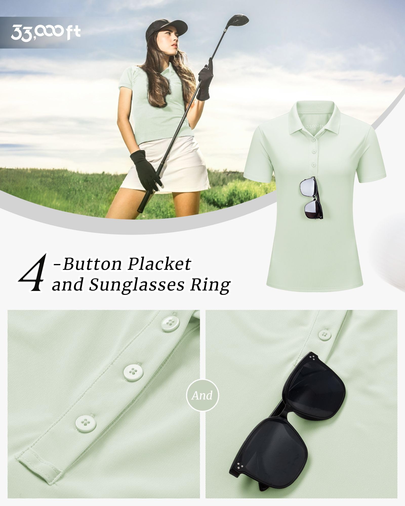 33,000ft Polo de golf para mujer, protección solar, protección UV, verano, manga corta, camiseta de secado rápido, camiseta deportiva para exteriores, transpirable, funcional para golf, tenis