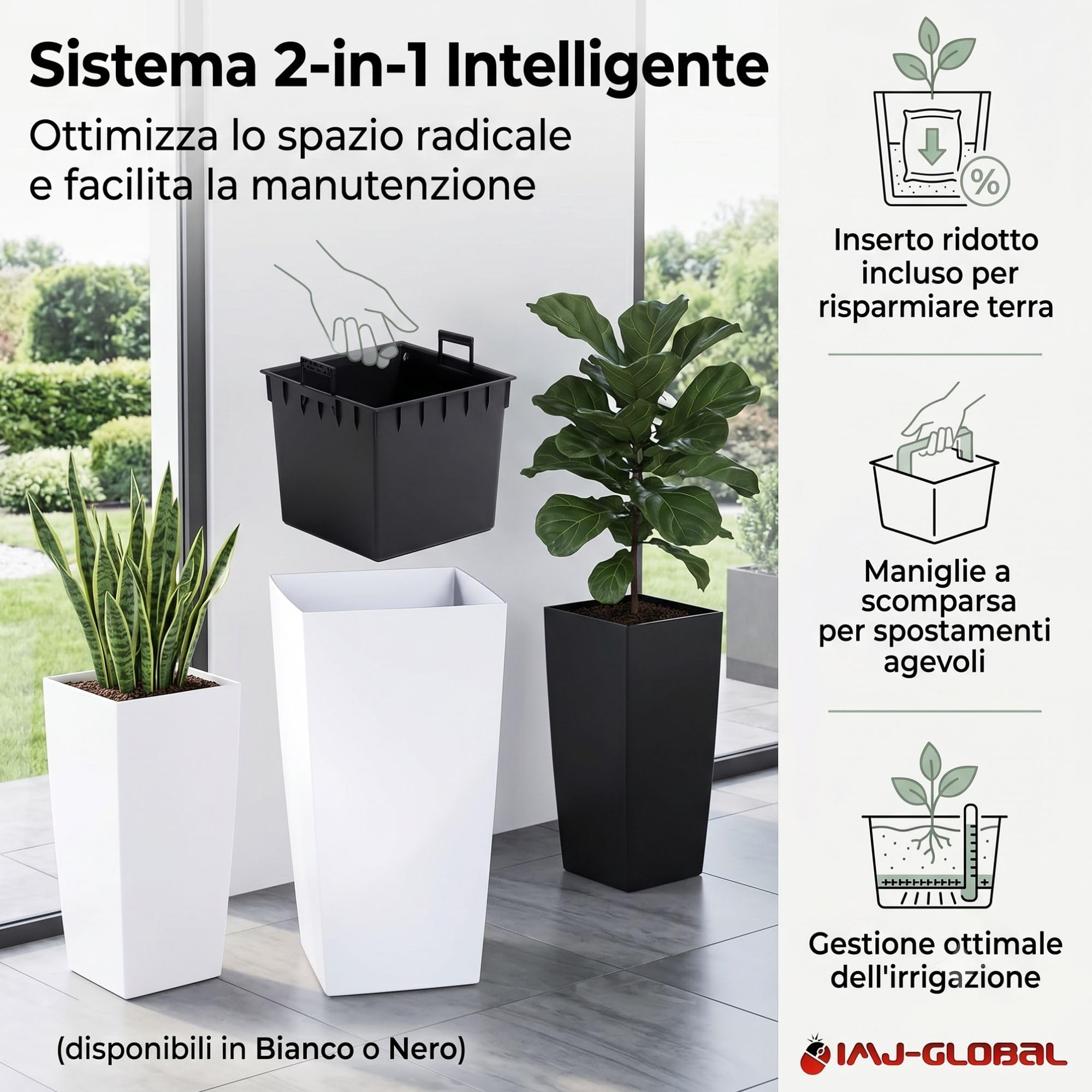 IMJ-Global - 2 Vasi per Piante da Esterno in Plastica Resistente Alle Intemperie, Vasi per Piante da Interno 26,5x26,5x50 cm (26,6L) con Inserto da 11 Litri, Arredamento Casa e Giardini (Nero)