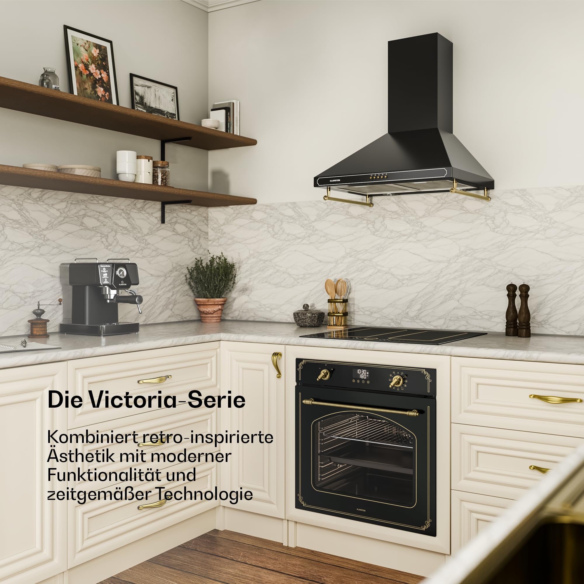 Klarstein Victoria Pyro Einbaubackofen 60 cm 76L Pyrolyse 11 Funktionen Retro Design Energieklasse A Timer Vierfachverglasung Emaille-Innenraum Schwarz