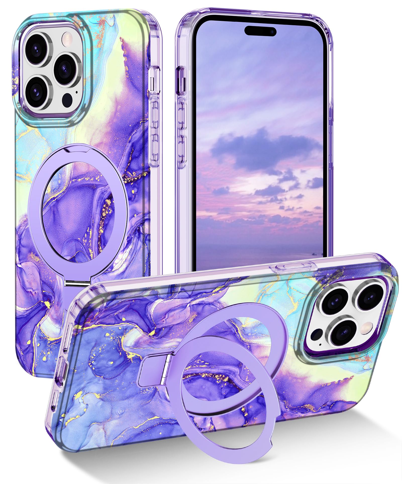 Lamcase for iPhone 15 Pro Case with Magnetic Invisible Ring Stand [Compatible with MagSafe], Full Body Rugged Slim Women Men Girl Shockproof Marble