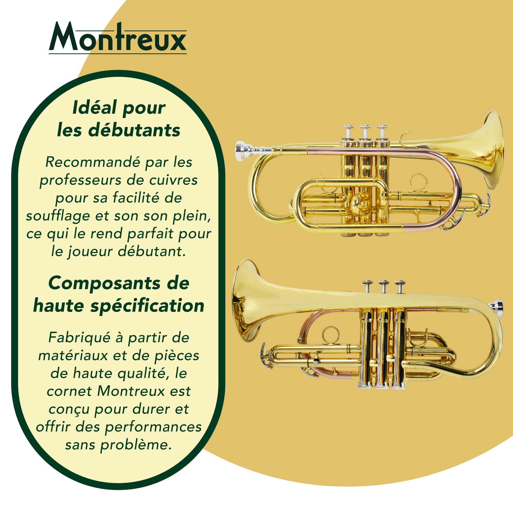 Montreux Student Sib Cornet pour débutants avec étui de protection léger, embouchure - Laiton laqué, pavillon 4,75 pouces / 12 cm, si bémol