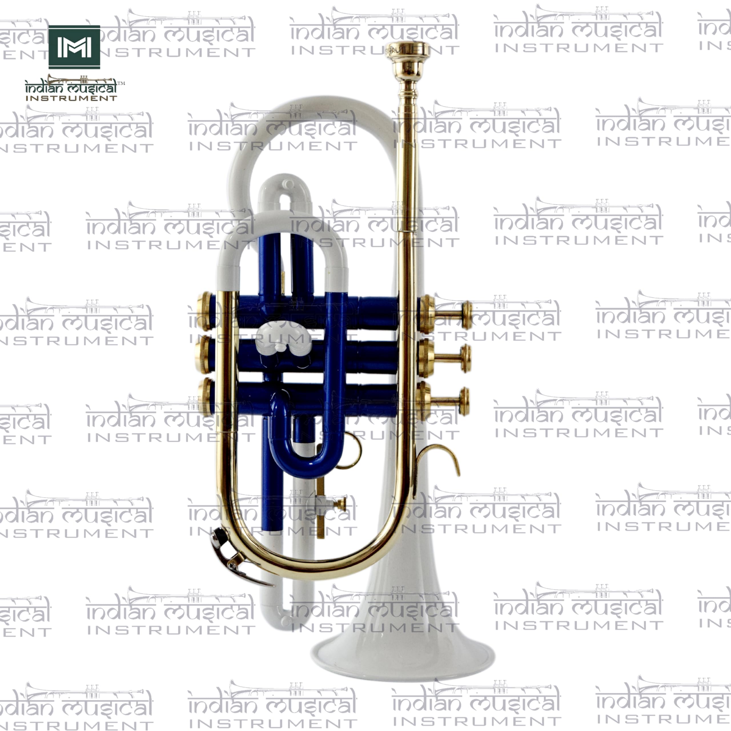 Cornet 3 Ventil, BB Pitch, Messing Qualität inkl. Mundstück und Tragetasche, Handschuhe (Weiß Blau Gold)