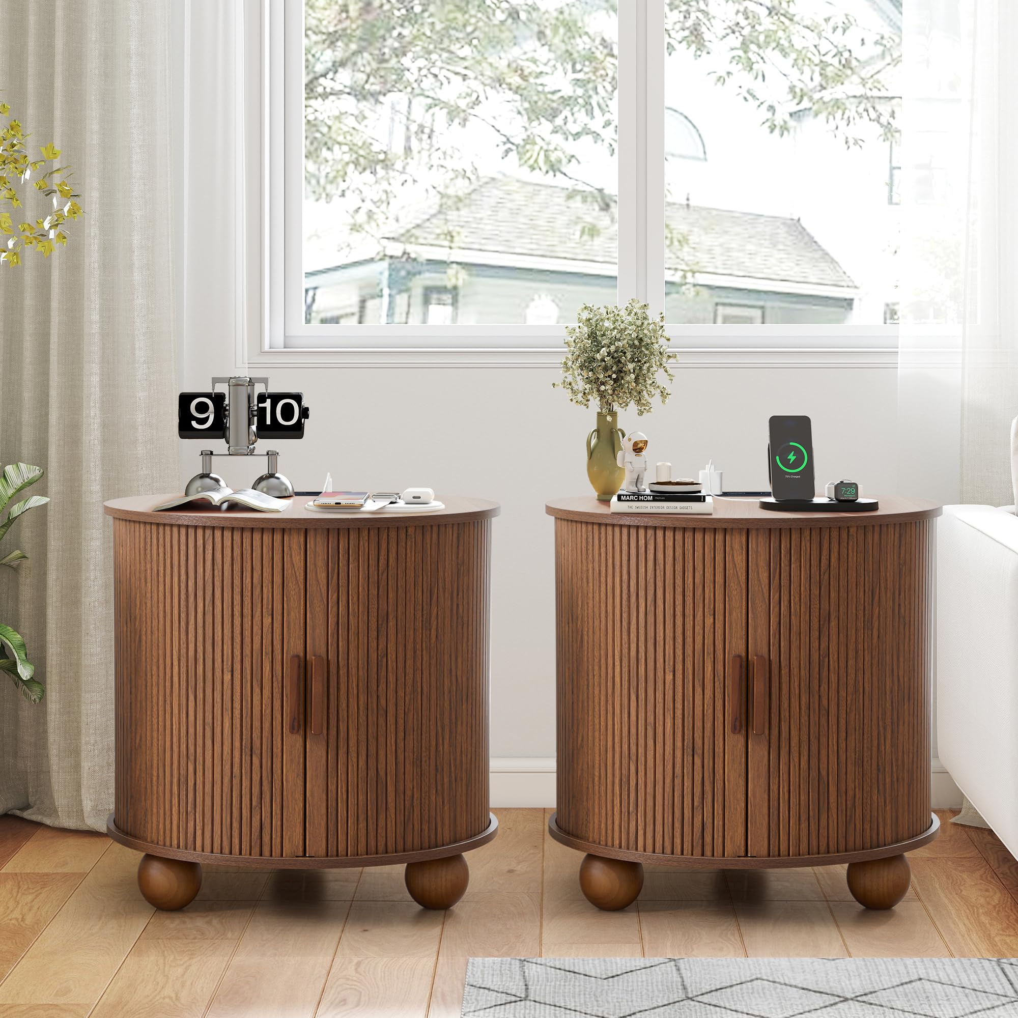 SUJOUCRAFT 24" Fluted Round Nightstand Set of 2, Mid-Century Large Wooden End Table with Charging Station, Farmhouse Storage Side Table with Sliding