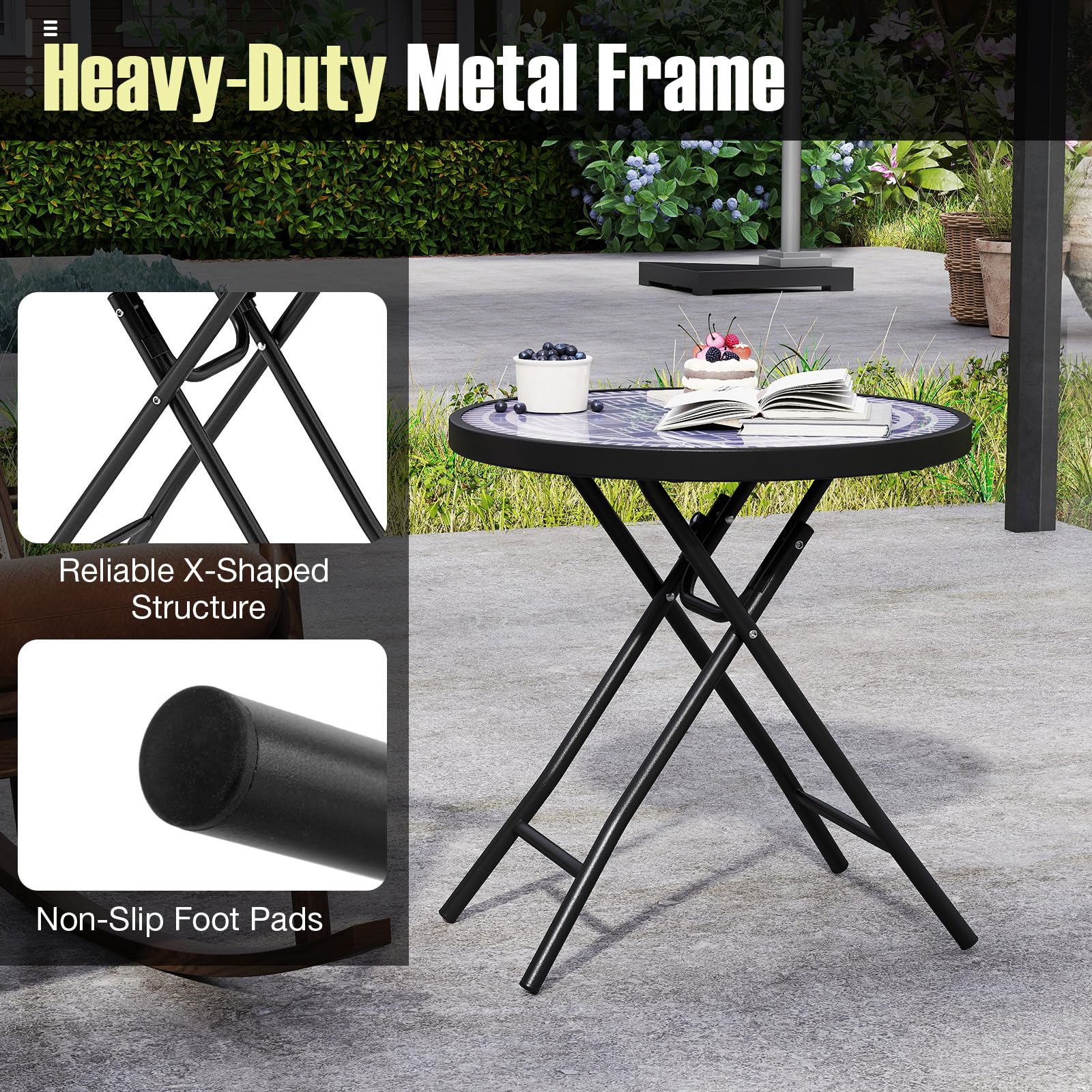 KOMFOTTEU Mesa de Jardín de Vidrio Templado de 46 cm, Mesa Auxiliar Plegable con Marco de Metal, Mesa de Comedor Redonda para Patio, Terreza, Balcón, Mesa Lateral para Interior y Exterior (Gris)