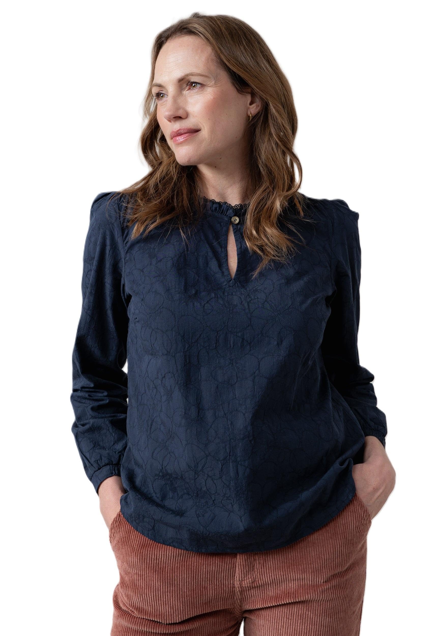 Lily & Me Women's Navy Emily Textured Jacquard Keyhole Blouse - Size 14