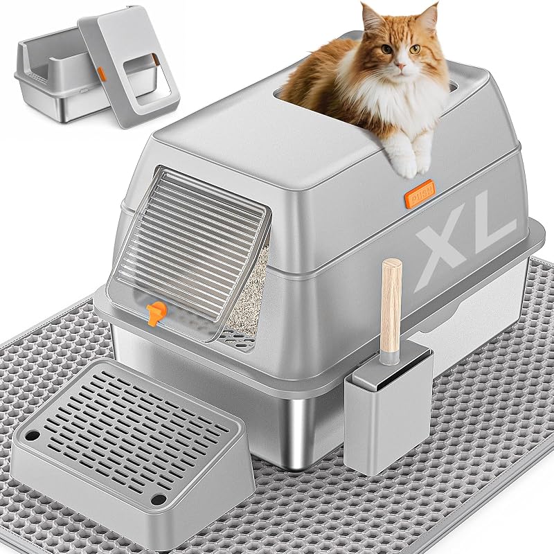 Caixa de Areia para Gatos Extra Grande em Aço Inoxidável com Tampa PEDIBAT, 60,2 x 39,4 x 39,9 cm, 4,81 kg