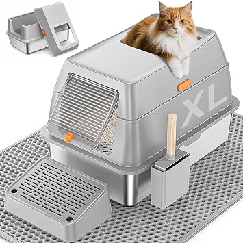 Stainless Steel Cat Litter Box with Scoop, Metal Litter Box High Sided, Cat Litter Box Enclosure, XL Extra Large High-Sided Litter Boxs (Anti-Urine Leakage, Include Scoop) (Grey)