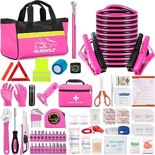 Car Roadside Safety Kit - 129pcs Pink Winter Emergency Road Side Assistance Kits Auto Essential Kit for Men, Women, Teen