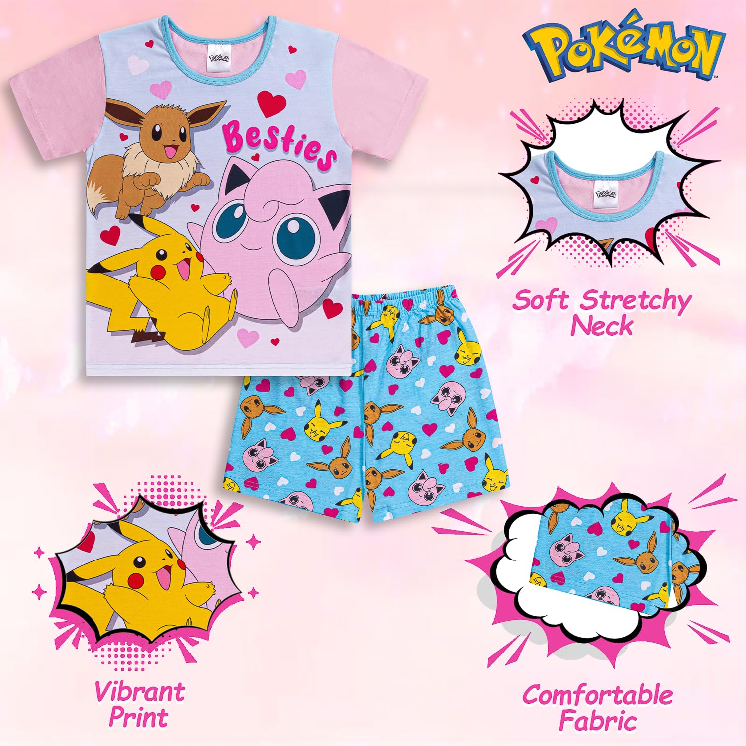 Pokémon Pigiama da bambina | Pigiama Pikachu & Eevie | Biancheria da notte in morbido cotone per ragazze | Pokemon regalo per ragazze