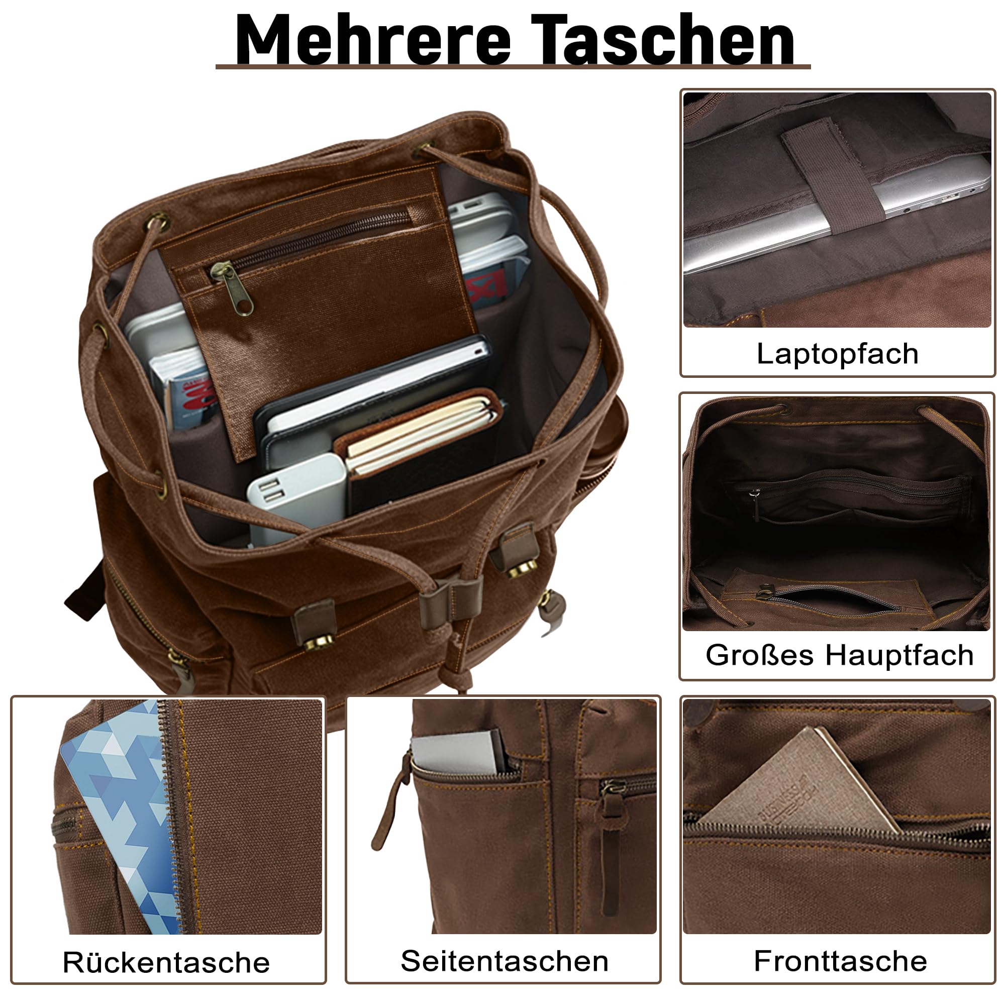 VARLIVOO Vintage Canvas Rucksack Herren mit Klappe 14 Zoll Laptop
