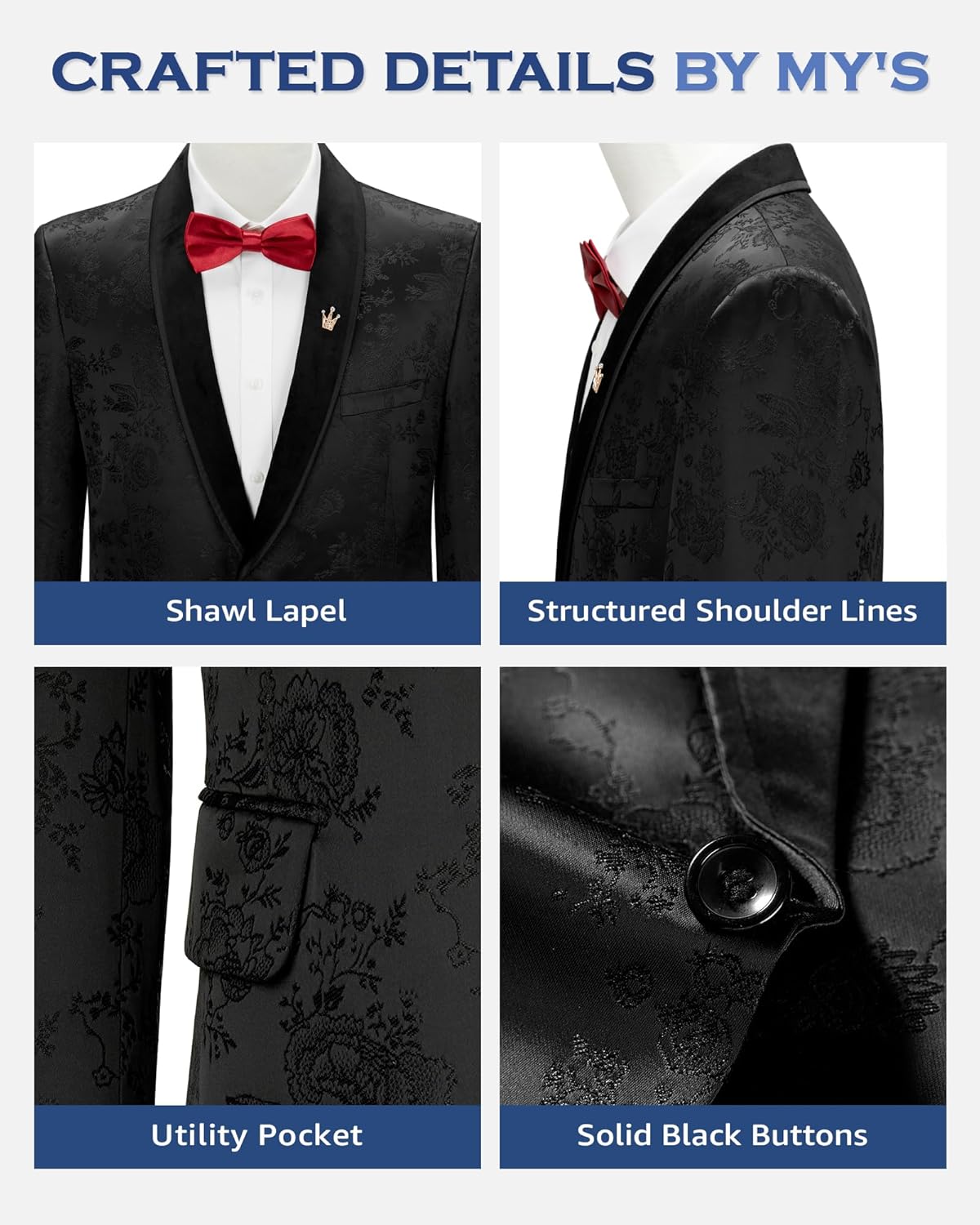 MY'S Men's Velvet Floral Blazer, One Button Tuxedo Jacket, Shawl Lapel Suit Coat for Dinner Prom Party Wedding