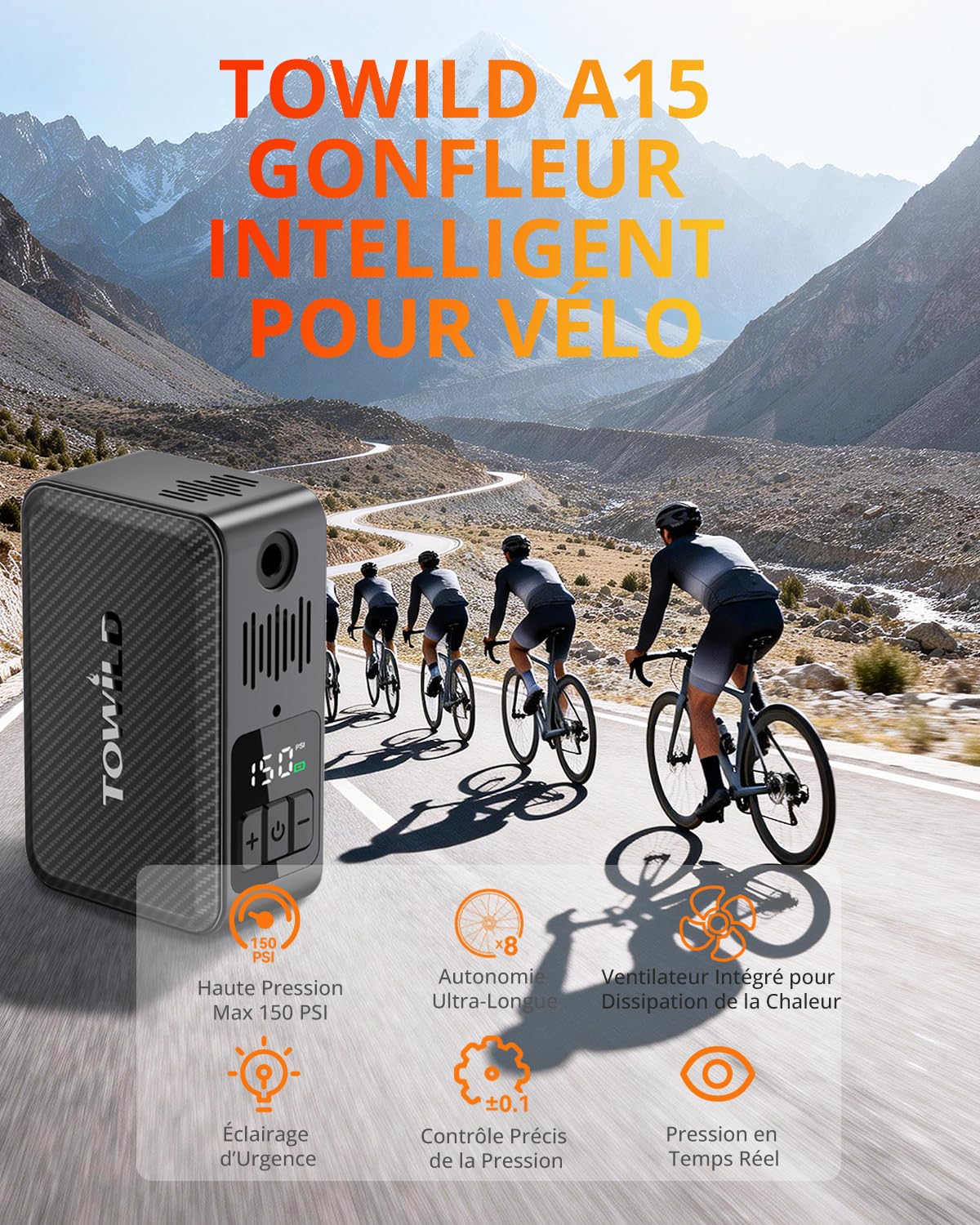 TOWILD A15 Bomba de Bicicleta Eléctrica 150PSI, Inflador de Neumáticos Portátil con Ventilador de Refrigeración, Apagado Automático, 2×800mAh para 8 Gomas, Luz LED para Carretera y MTB