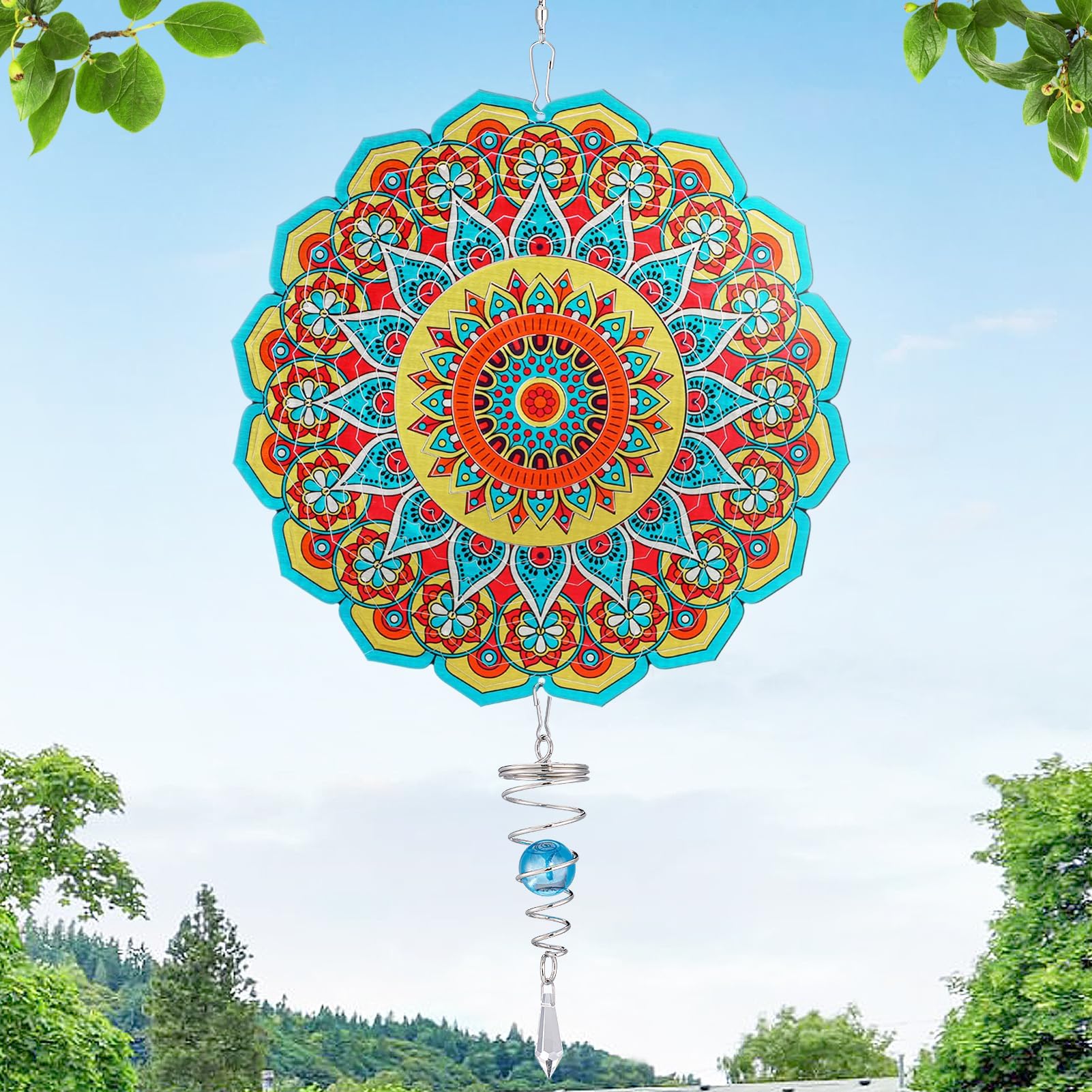 Light Catcher Wind Spinners Outdoor with Spiral Tail - Mandala 3D Hanging Garden Yard Patio Window Decor Gift for Women Mom Grandma Wife, Kinetic Spin Vibrant Color Fun to Watch Art Sculptures, Yellow