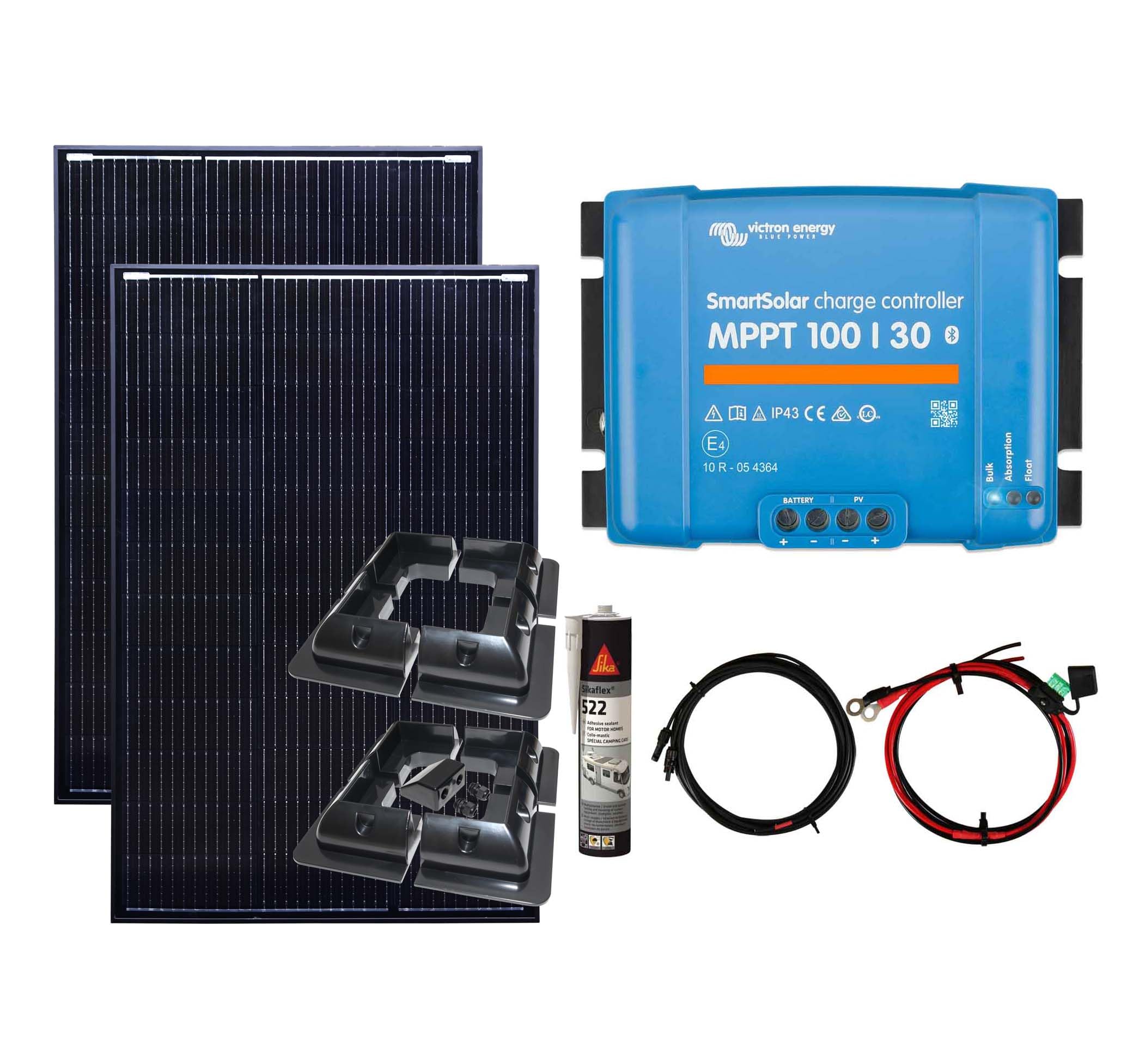 Lowenergie Black 300W Framed Mono Solar Panel Kit Mppt Smart Charging Controller Battery Mounts With Sikaflex For Mounting Brackets & Cables