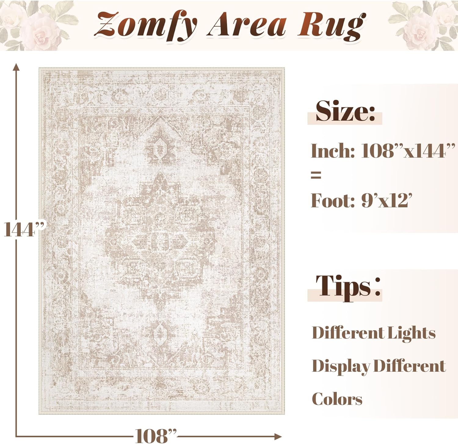 Area Rug 9x12 Vintage Rug: Large Washable Indoor Medallion Rugs Low Pile Distressed Floor Carpet Retro Accent Rug for Living Room Bedroom Kitchen Dining Table Home Office(Beige, 9'x12') Beige 9' x 12' (Rectangular)