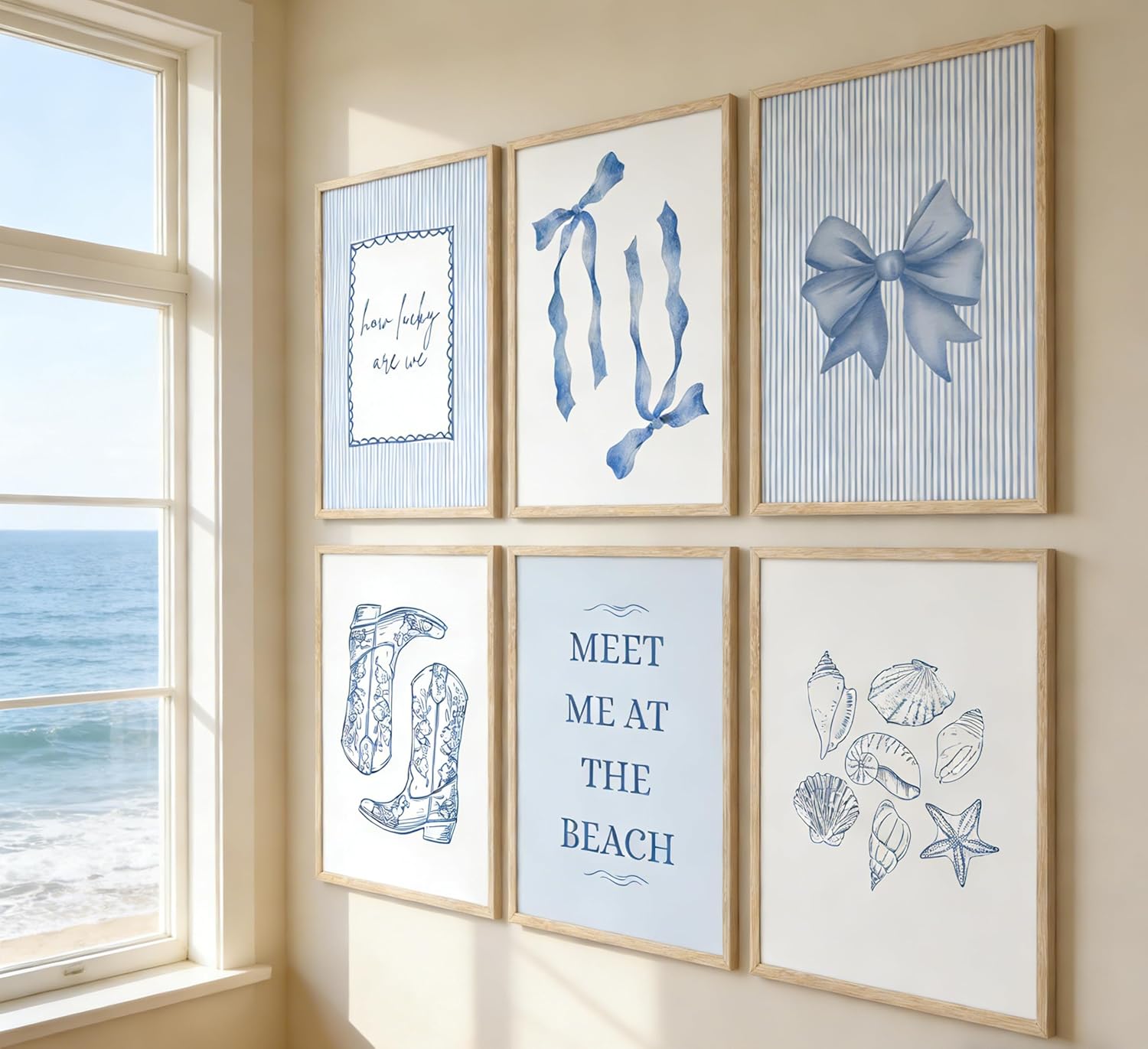 6pcs Blue Coastal Wall Art Coquette Boots Western Blue Bow seashell Preppy Wall Decor Meet Me At The Beach Poster Print Artwork for Girl Dorm Apartment Home Decoration Unframed