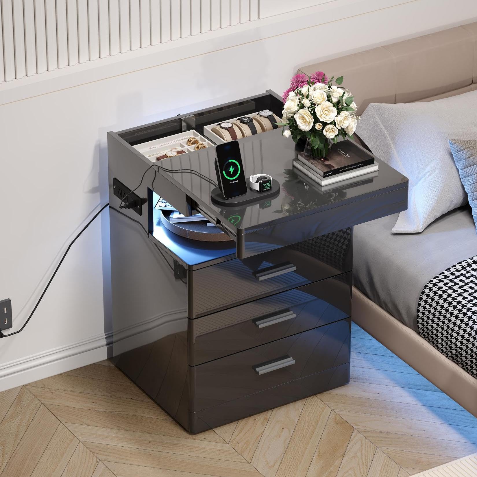 Treocho Led Nightstand with Hidden Space, Modern Night Stand with Charging Station, 3 Drawer Smart Nightstand with Glossy Finish, Tall Bedside Table with RGB Lights for Bedroom, Black