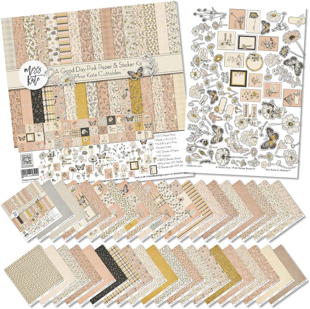 Miss Kate Cuttables Paper & Sticker Kit - A Good Day-Pink - for Baby Girl Spring Love 20 Double-Sided 12x12 Papers with 39 Designs & 1 8X12 Sticker Sheet - Scrapbooking Card Making Crafting