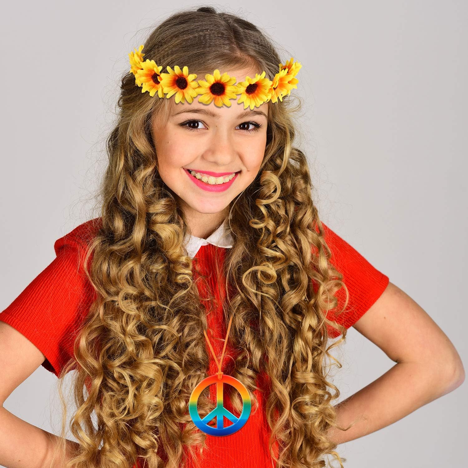 4 Pieces Hippie Costume Set, Includes Hippie Sunglasses, Peace Sign Pendant, Flower Crown Headband, Peace Sign Earrings, 60s or 70s Hippie Party Accessories for Women Men : Clothing, Shoes & Jewelry
