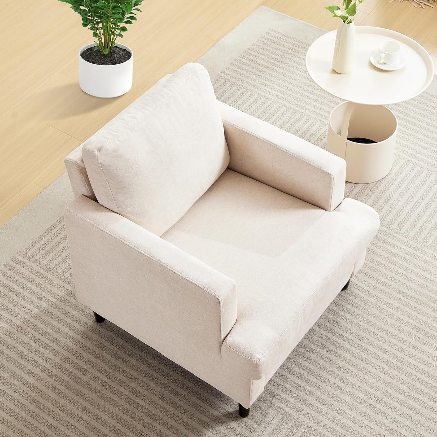 Sillón de sala de estar, sillas modernas de mediados de siglo, cómodas tapizadas de tela de lino, silla individual, silla de lectura para dormitorio con patas de madera maciza (76D * 86S