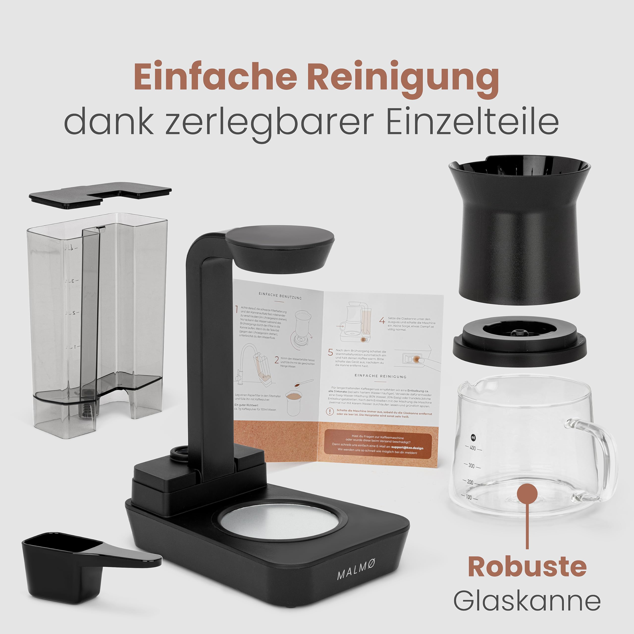 MALMØ Kaffeemaschine klein (400ml) - Filterkaffeemaschine mit Duschkopf Brühsystem - Kaffeemaschine für 1-4 Tassen mit Heizplatte