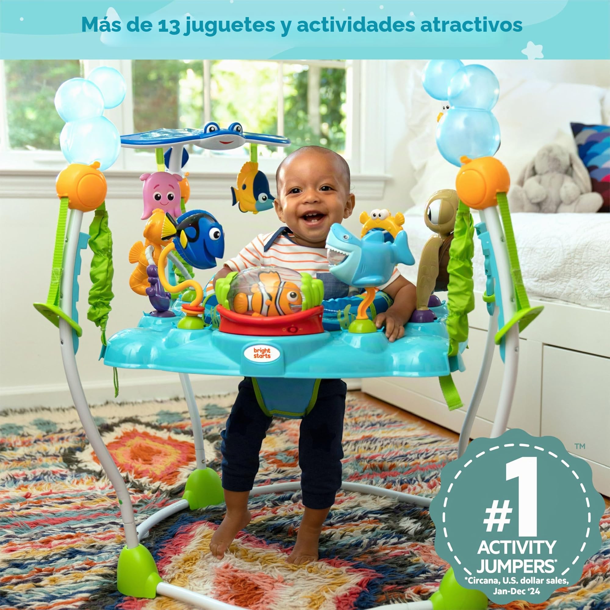 Bright Starts, Disney Baby, Finding Nemo, Saltador Mar de Actividades, Centro de Actividades con 13 Actividades, Luces, Música y Sonidos del Océano, Altura Ajustable, Rotación 360°, Edades 6 Meses +