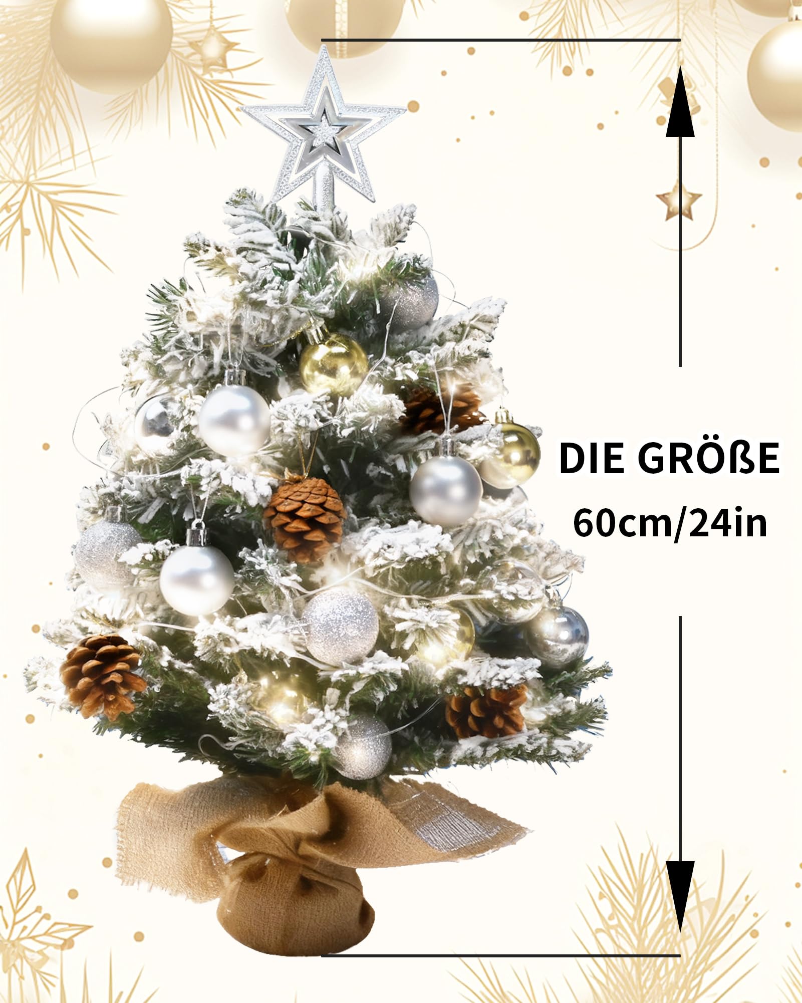 Künstlicher Weihnachtsbaum mit Beleuchtung, Geschmückter Mini Weihnachtsbaum inklusive Schmuck und stabilem Stoffsockel für Festliche Tischdeko, Weihnachten