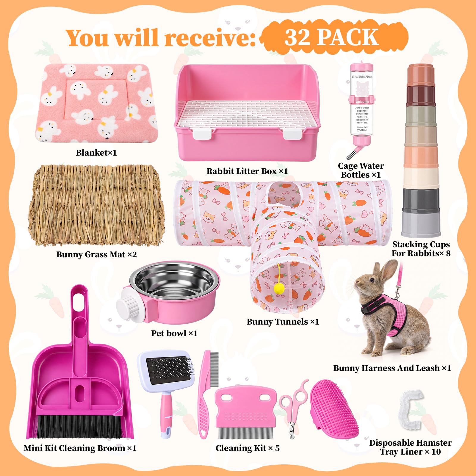 34-teiliges Kaninchen-Starter-Set, Kaninchentoilette, kleine Tier-Wasserflasche, Tassen, Hasentunnel, Tierpflegeset, Schüssel-Decke mit Reinigungsset für Meerschweinchen, Hasen (Stil 3