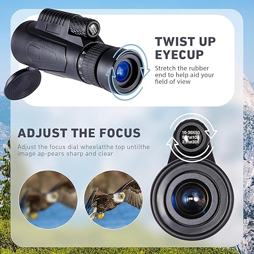 Miniatura 6 de Telescopio monocular de 10-30x50 de alta potencia para adultos y niños con adaptador para teléfono inteligente, trípode correa de mano, prisma BAK-4