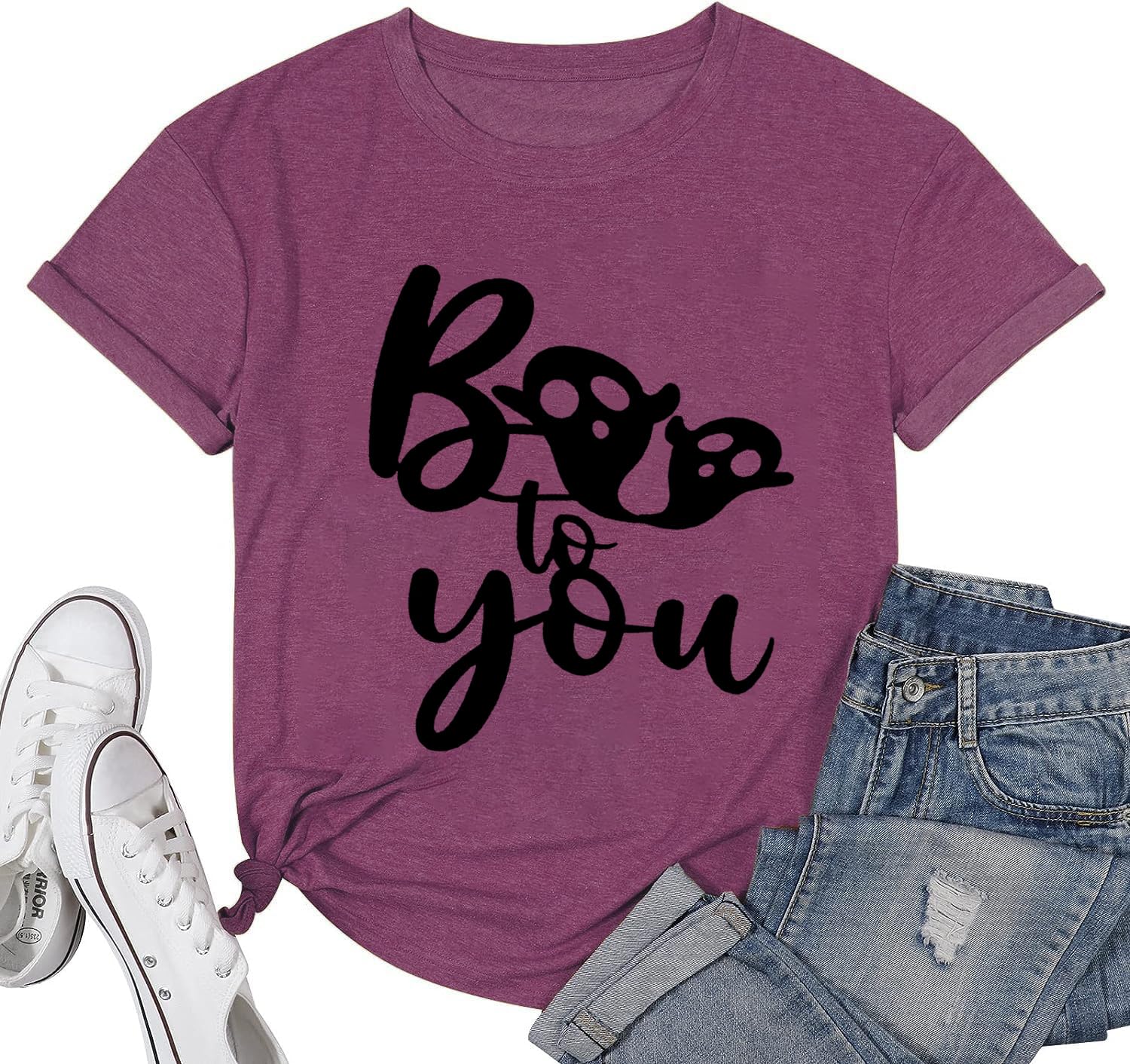 Calvin&SallyFunny Halloween T Shirts for Women Graphic Tees Vintage Cute Ghost Spider Boo to You Letter Print Tee Holiday Tops